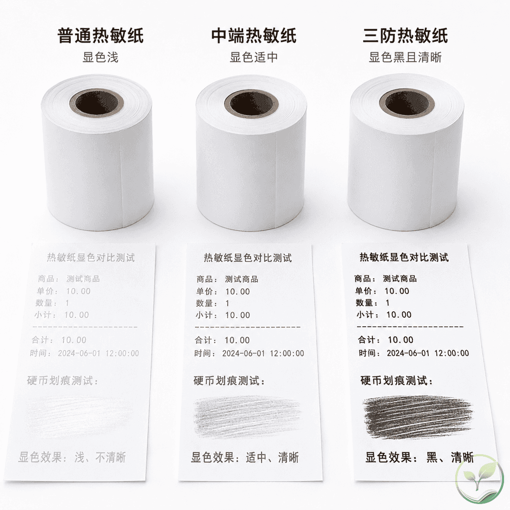 三张热敏纸品质对比:普通纸、中端纸、三防纸,显示显色测试和保存效果