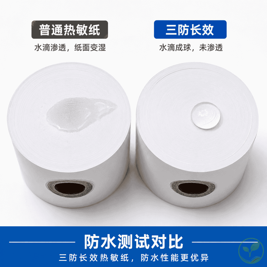 两卷热敏纸并排对比，一卷普通纸和一卷标有三防长效标签的纸，旁边有水滴和油滴测试的示意，展示品质差异