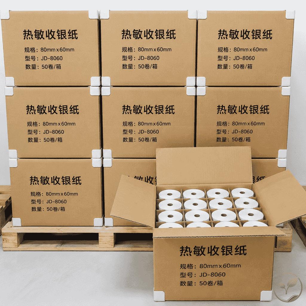 仓库中堆叠着多个纸箱，纸箱上印有热敏纸标识和规格标签，部分纸箱打开露出内部分隔包装的收银纸卷