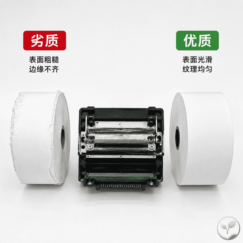 两种热敏纸卷并排放在工作台上，左侧纸张表面粗糙有杂质，右侧纸张光滑均匀，旁边有拆开的打印机打印头组件展示