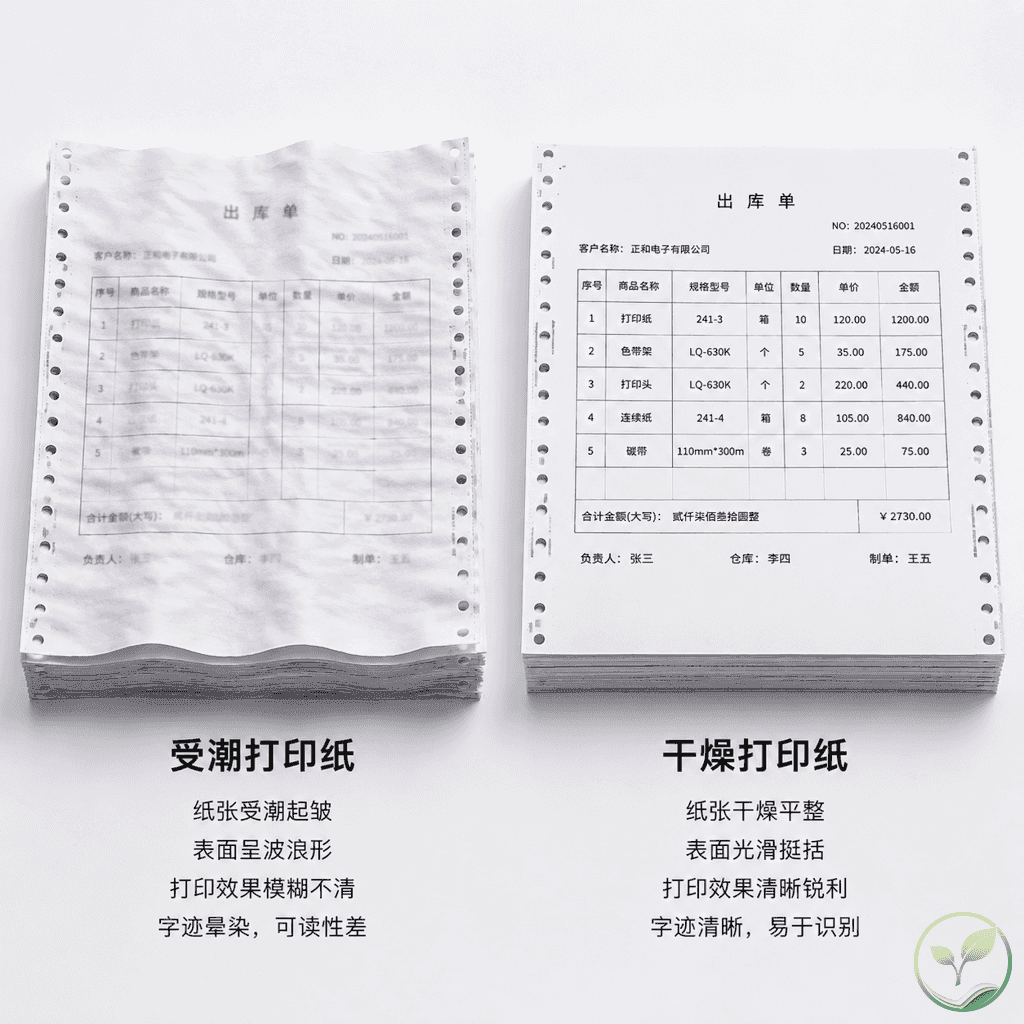 电脑打印纸受潮与干燥状态的对比展示,左边纸张起皱字迹模糊,右边纸张平整字迹清晰,强调防潮重要性