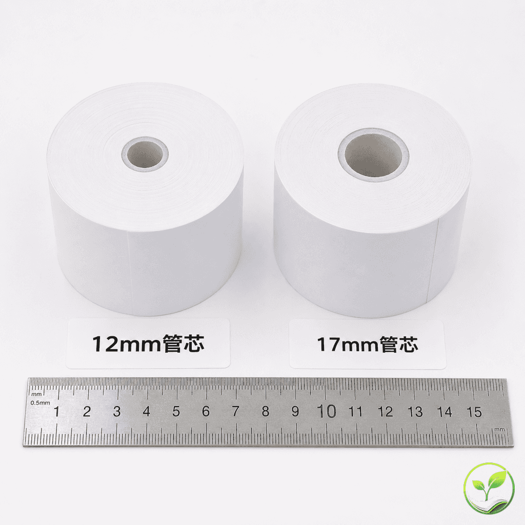两个80x80热敏纸卷并排对比,一个使用12mm管芯,一个使用17mm管芯,旁边放有刻度尺标注长度差异