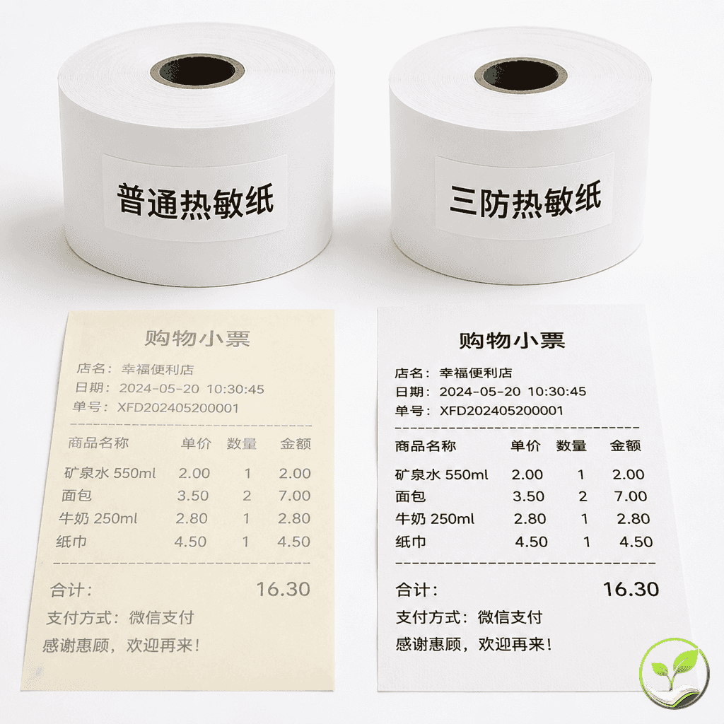 两卷热敏纸并排对比，一卷标注普通纸，一卷标注三防纸，旁边展示打印出的两张收据样张，一张字迹清晰，一张已褪色