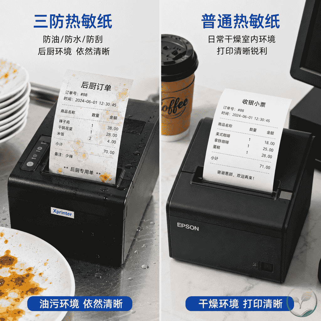 三防热敏纸用于后厨和外卖场景，普通热敏纸用于干燥室内收银场景