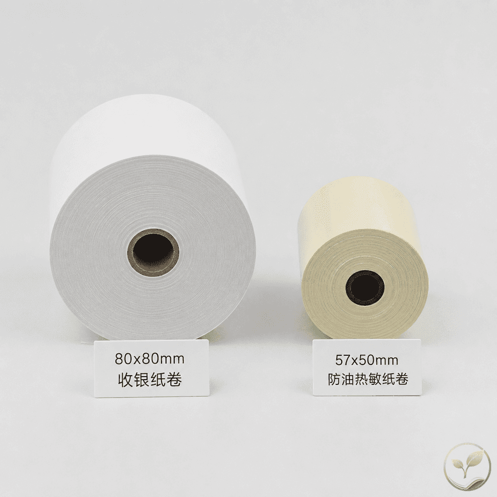 前台80x80mm收银纸卷与后厨57x50mm防油热敏纸卷并排对比，标注尺寸，背景为浅色桌面