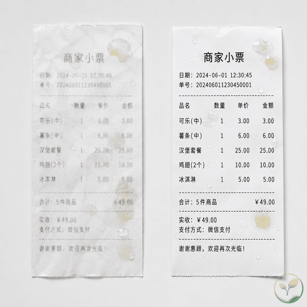 普通热敏纸小票与三防热敏纸小票对比,其中一张小票被水滴和油污沾染后字迹模糊,另一张依然清晰