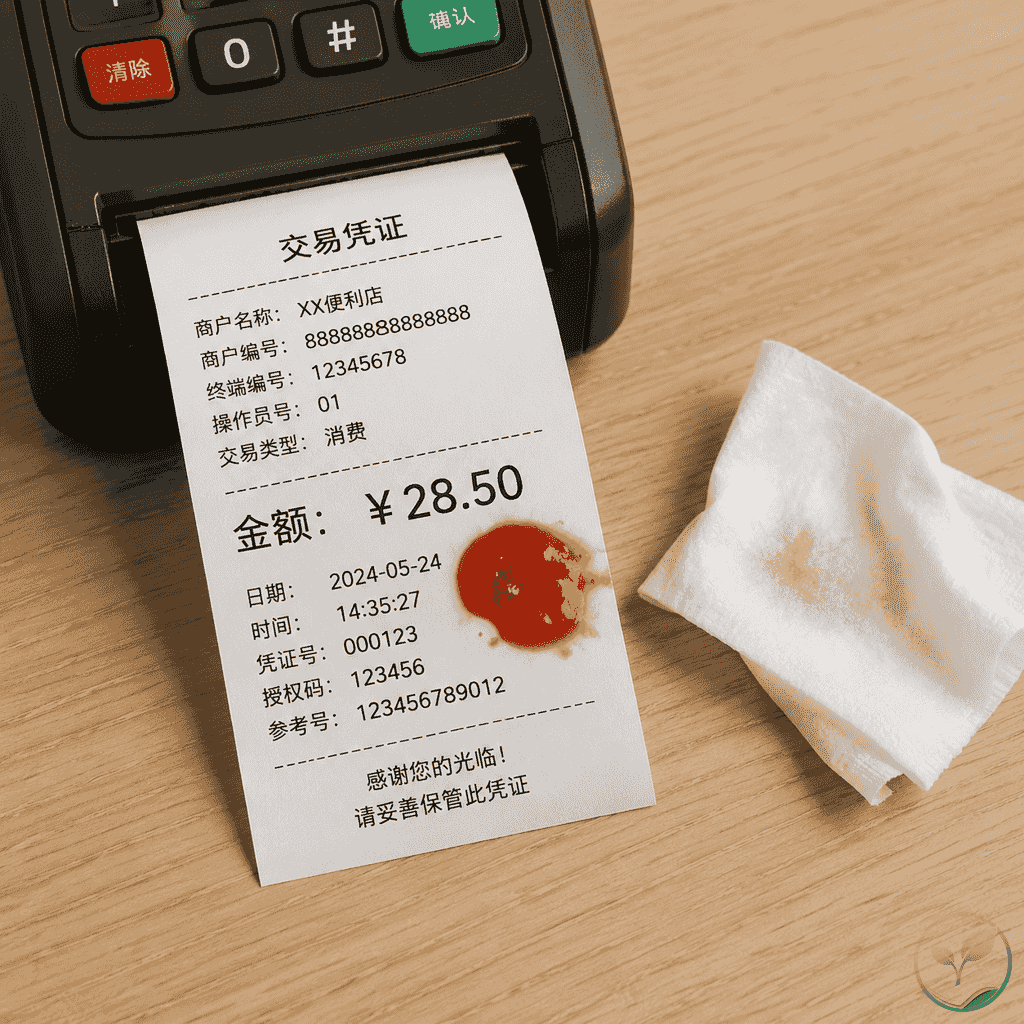 餐厅收银台场景，POS机吐出一张三防热敏纸小票，小票上有酱汁污渍，字迹仍清晰可辨