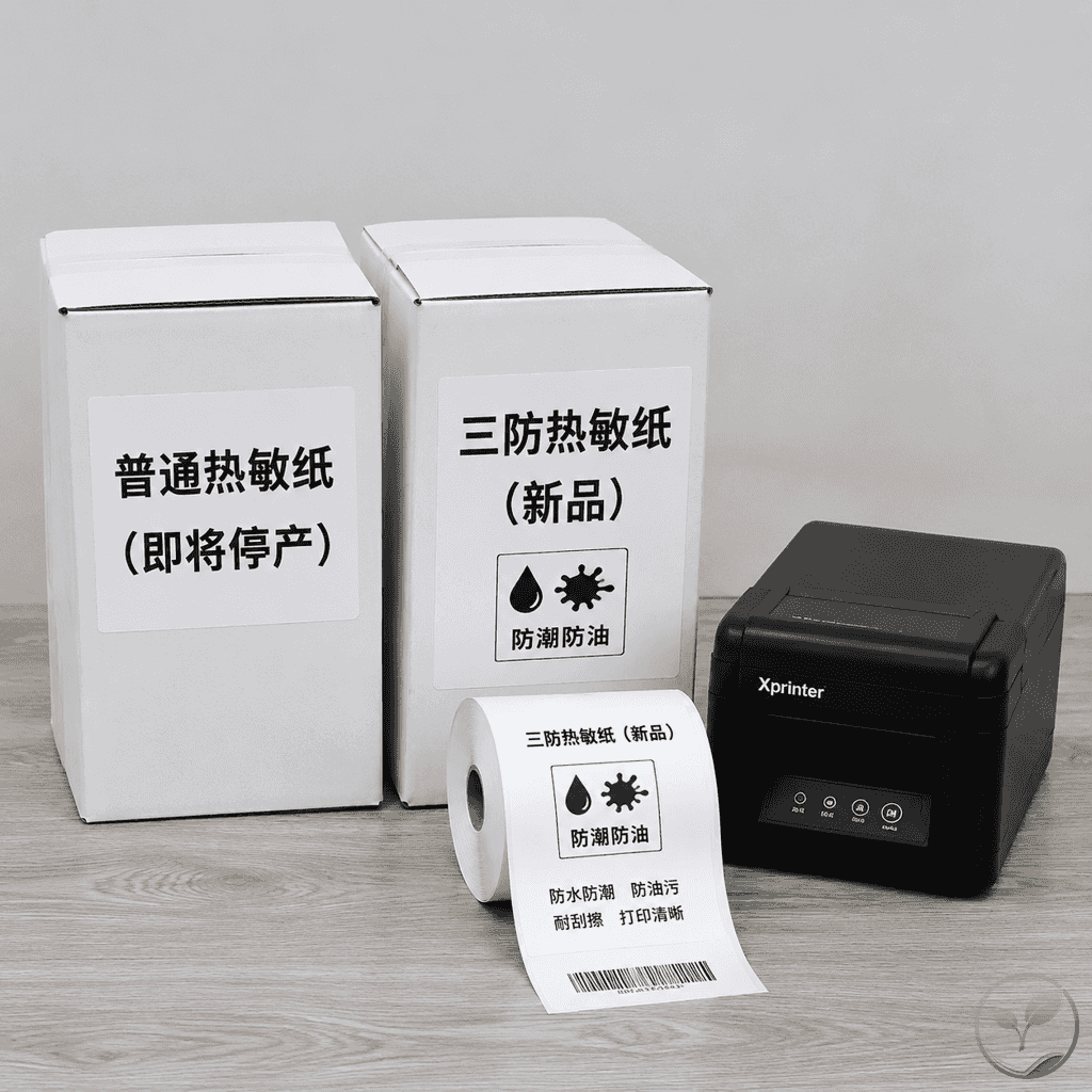 仓库环境中两个纸箱并排，一个标注“普通热敏纸”，另一个标注“三防热敏纸”，周围有打包胶带和标签机