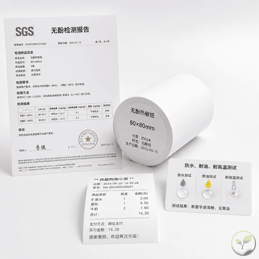 一张热敏纸卷旁边放置SGS检测报告和防水耐候测试图标，展示对比表的关键特性