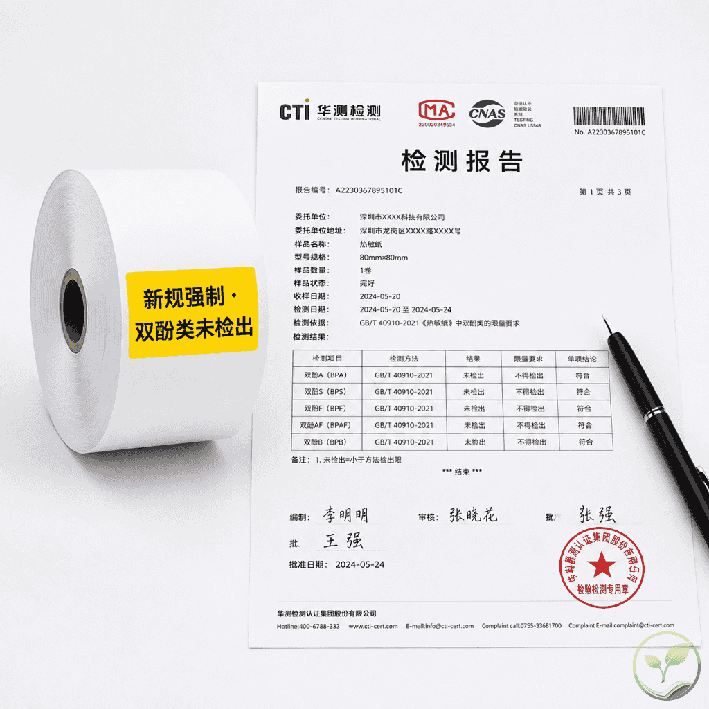 一张合规热敏纸卷侧面贴有黄色警示标签，上面写着“新规强制·双酚类未检出”，旁边放着一张纸质检测报告和一支笔