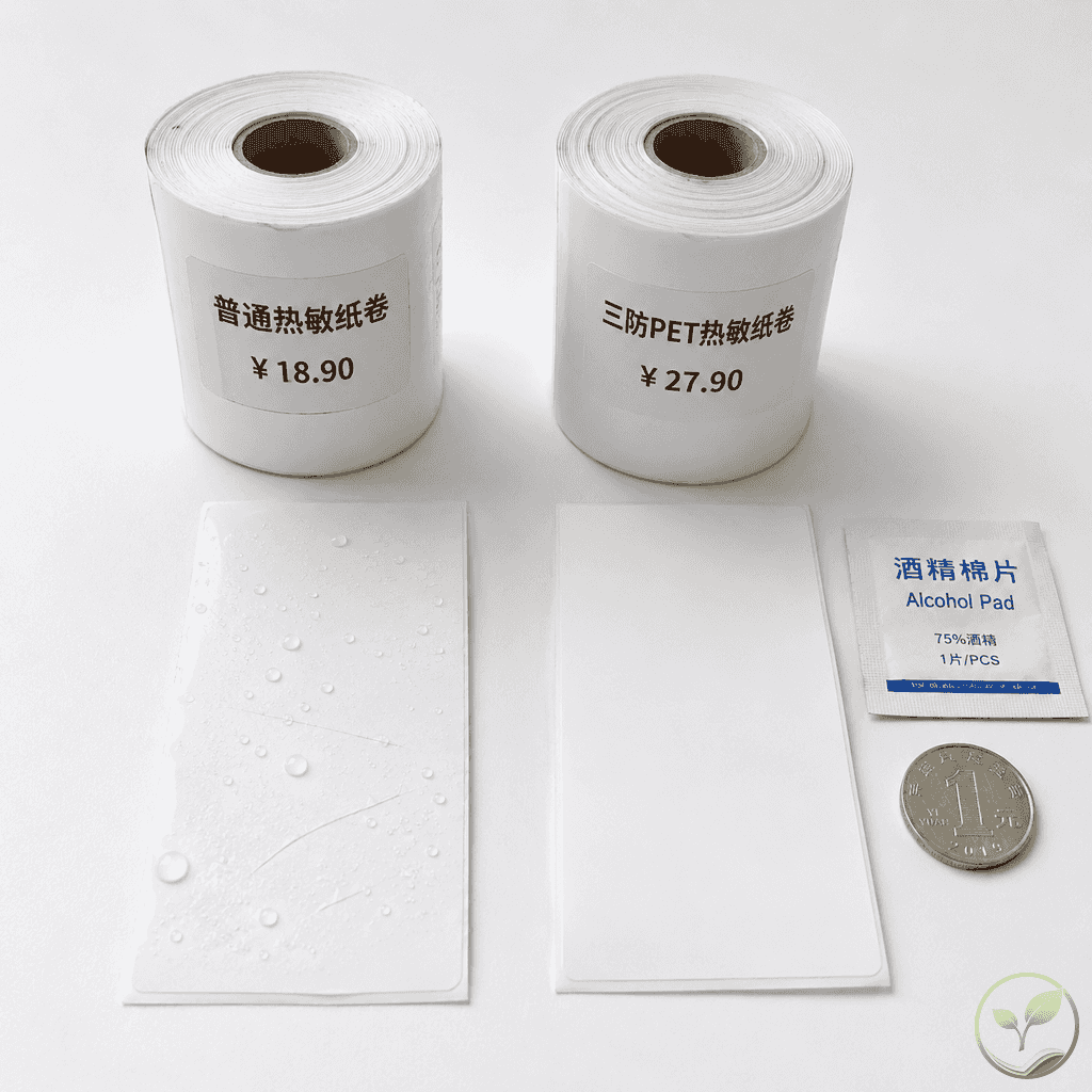 普通热敏纸卷与三防PET热敏纸卷并排放置，旁边有酒精棉片和硬币，示意测试防水防刮性能
