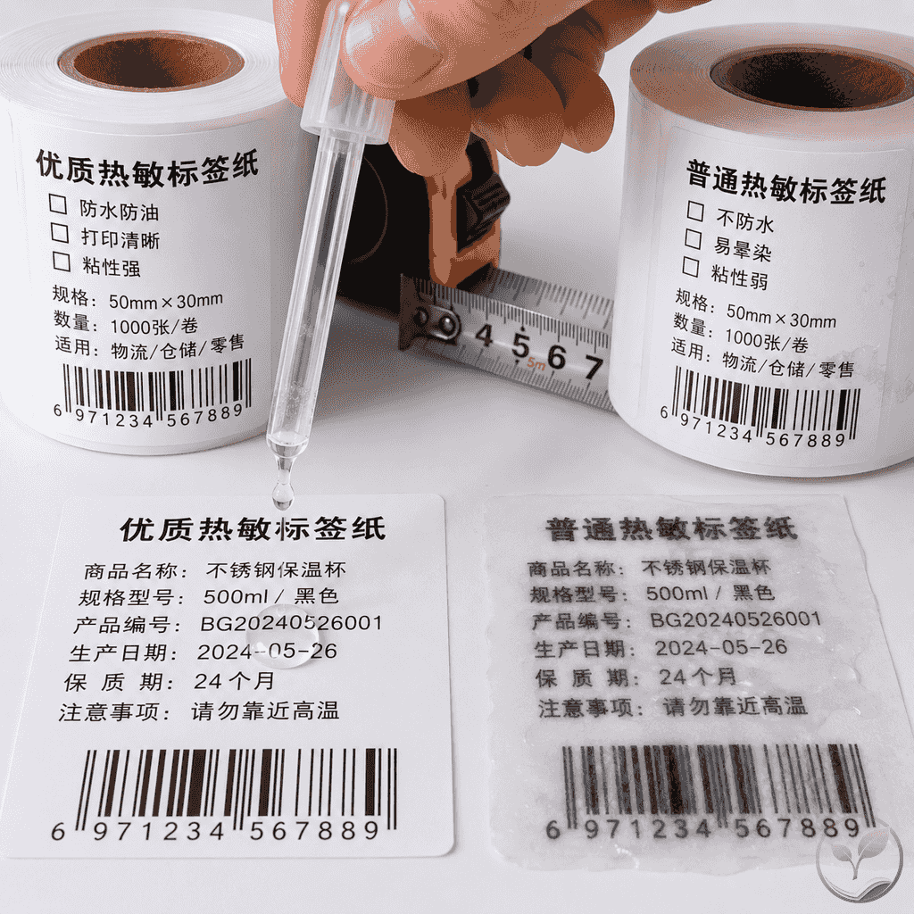 一只手拿着滴管在打印好的标签上滴水测试三防性能,旁边有两张对比标签,一张字迹模糊一张清晰