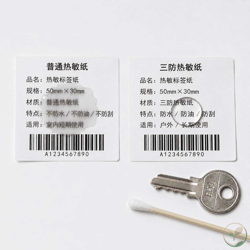 一张普通热敏纸和一张三防热敏纸并排，表面各滴一滴水，三防纸水滴呈珠状，普通纸水渍扩散字迹模糊，旁边放有钥匙和棉签测试工具