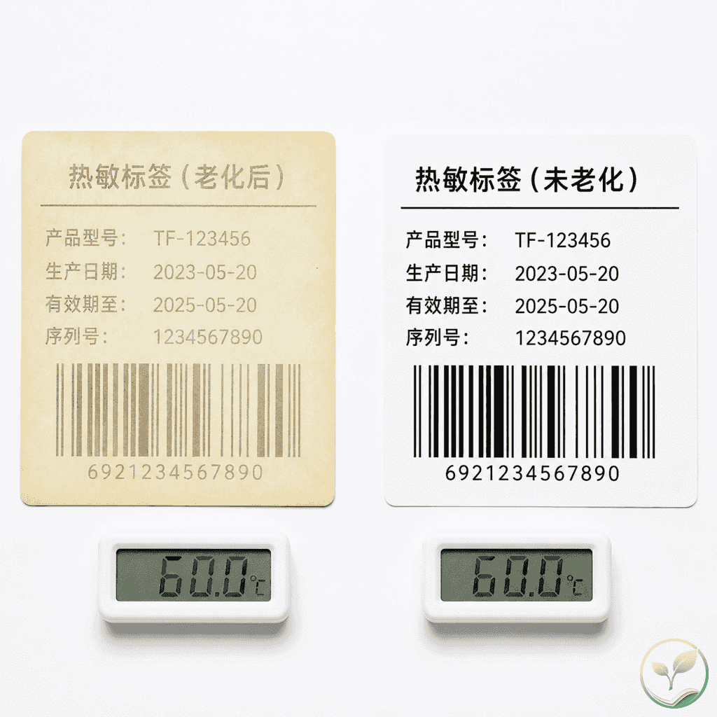 两张经过48小时60℃烘箱老化测试后的热敏纸标签并排对比,左侧劣质三防纸字迹明显黄变褪色,右侧合格三防纸字迹清晰无明显变化,背景有数字温度计和烘箱示意
