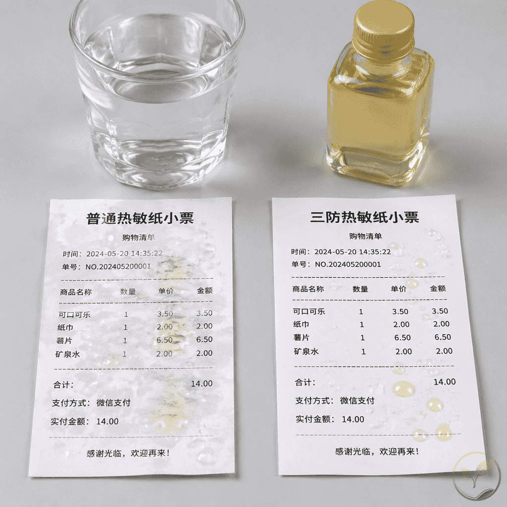 普通热敏纸与三防热敏纸打印后经过水渍油污测试的对比效果，字迹清晰度对比。