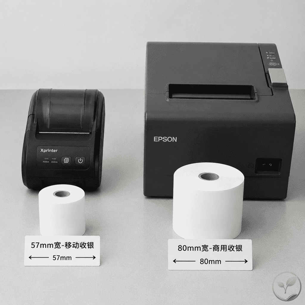 热敏打印机与两种常见收银纸规格(57×50和80×80)并排展示,标注适用场景