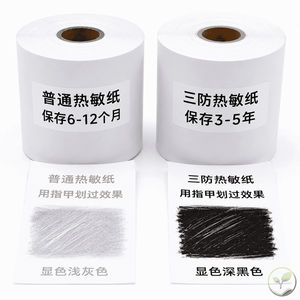 普通热敏纸和三防热敏纸卷并排，一侧用指甲划痕显示显色深浅对比，旁边放标签说明保存期限
