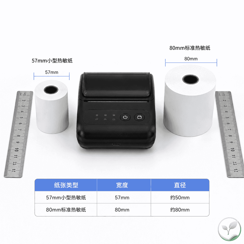 不同尺寸收银纸卷对比，57mm和80mm宽度热敏纸卷放在打印机旁，展示兼容性