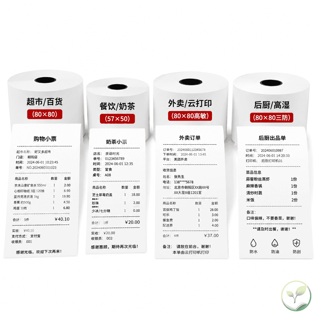 四卷不同规格的热敏纸并排陈列，每卷下贴有场景标签：超市收银、餐饮奶茶、外卖云打印、后厨高湿