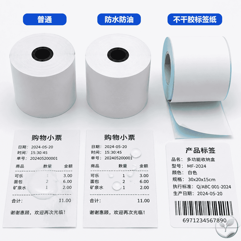 三种纸卷对比展示：普通热敏纸、三防热敏纸、标签纸，每卷下方有打印样张和防水测试对比