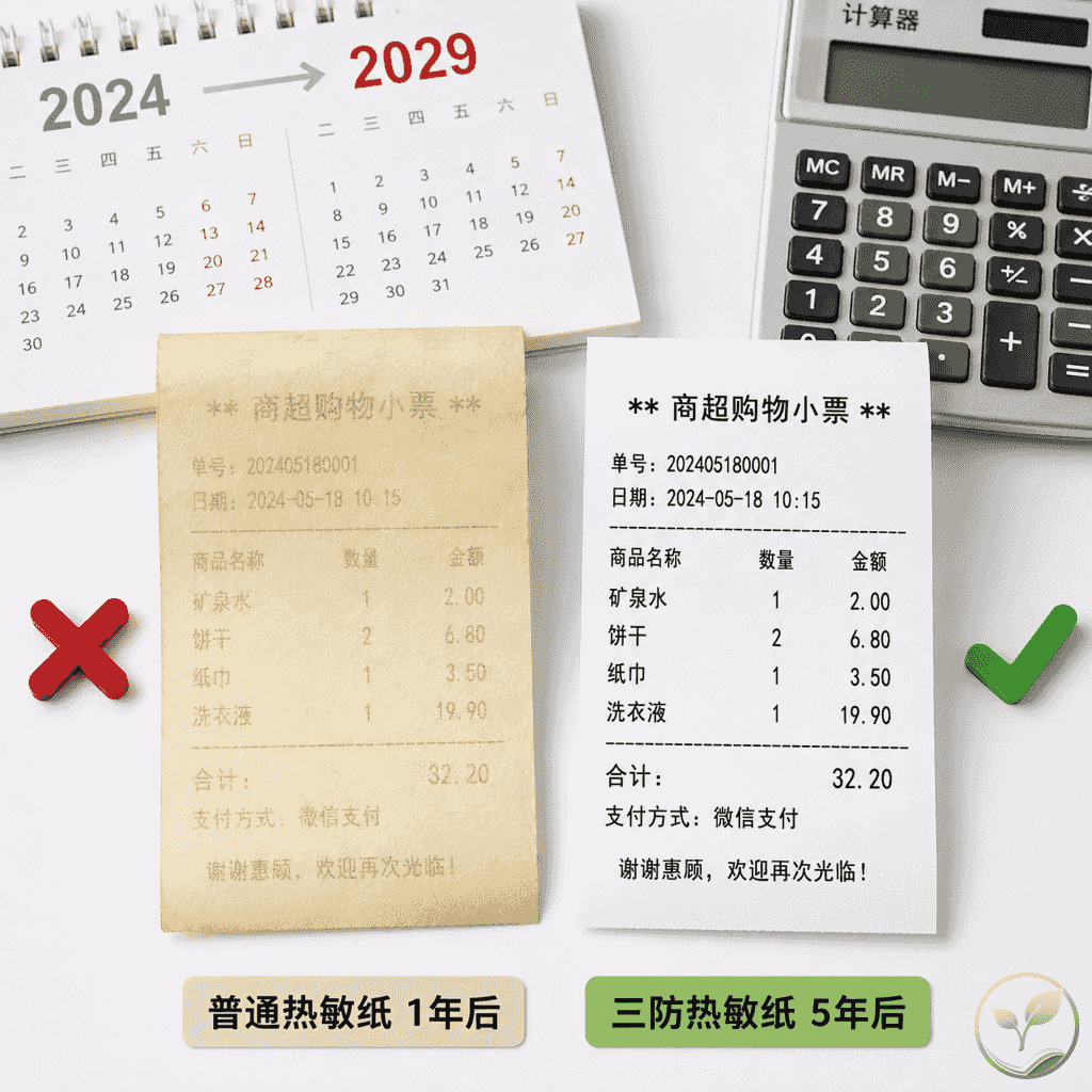 两张小票并排对比，左侧小票字迹已模糊褪色并标注‘普通纸1年后’，右侧小票字迹清晰并标注‘三防纸5年后’，背景有日历和计算器