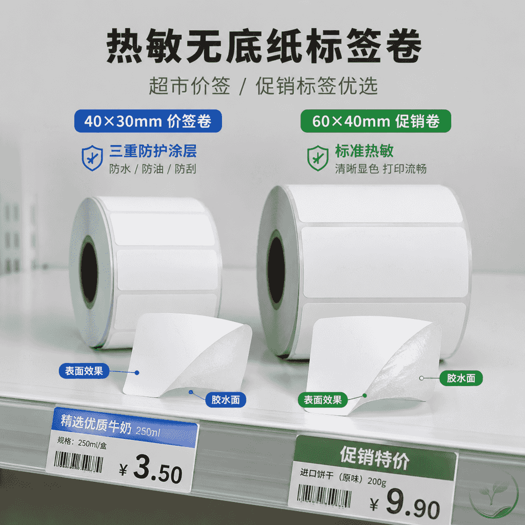 热敏不干胶价格标签卷和促销价签卷放在超市货架旁，展示三防标签与普通标签的对比效果