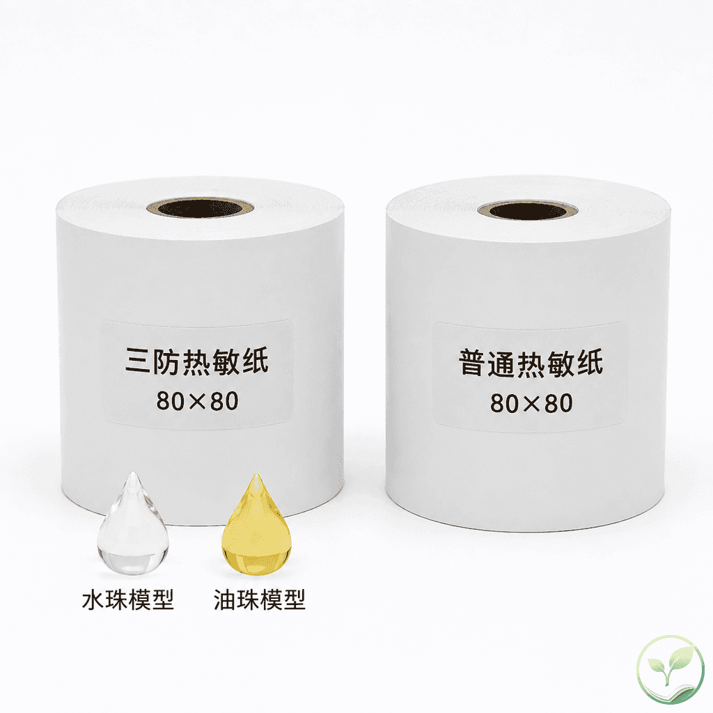 两卷热敏纸并排对比,一卷标注三防,一卷标注普通,旁边有水滴和油滴示意图标