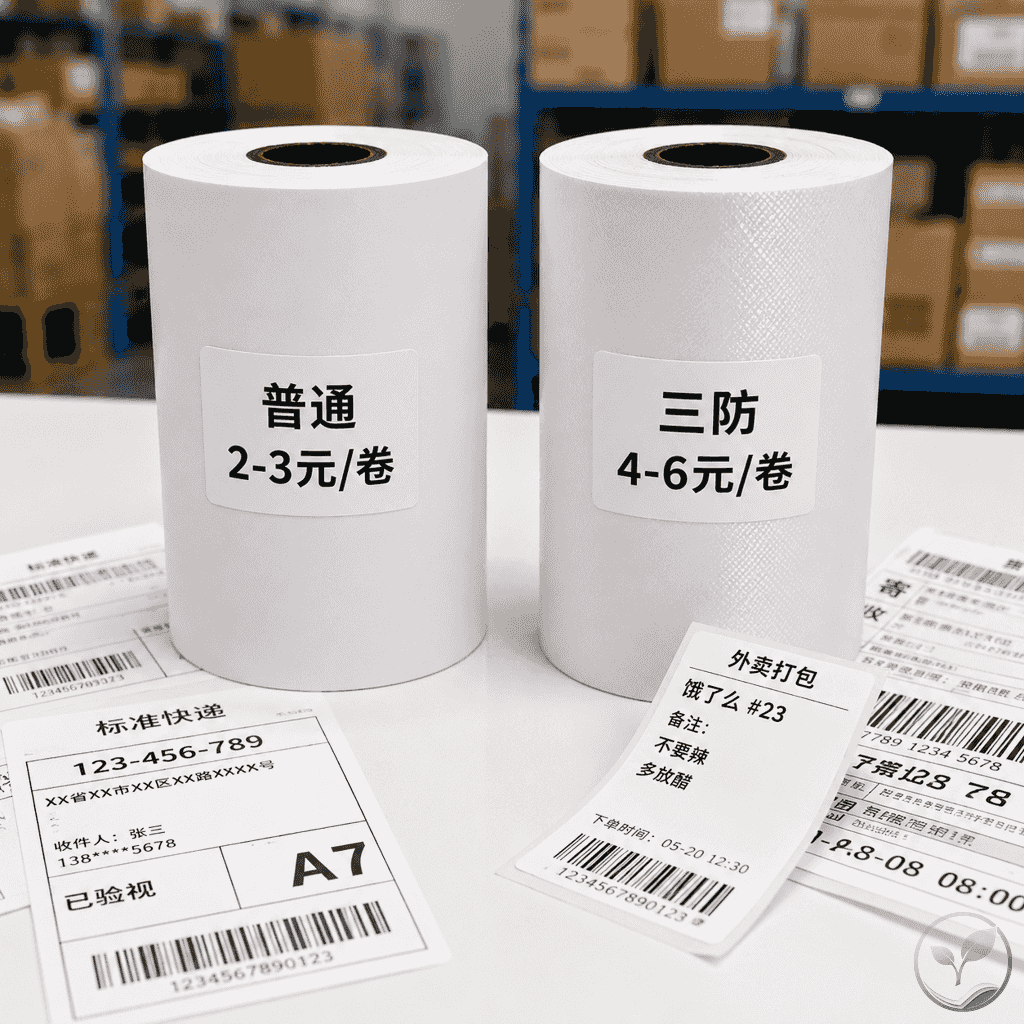 两卷热敏纸并排对比，一为普通热敏纸标注2-3元/卷，一为三防热敏纸标注4-6元/卷，旁边有快递面单和外卖标签