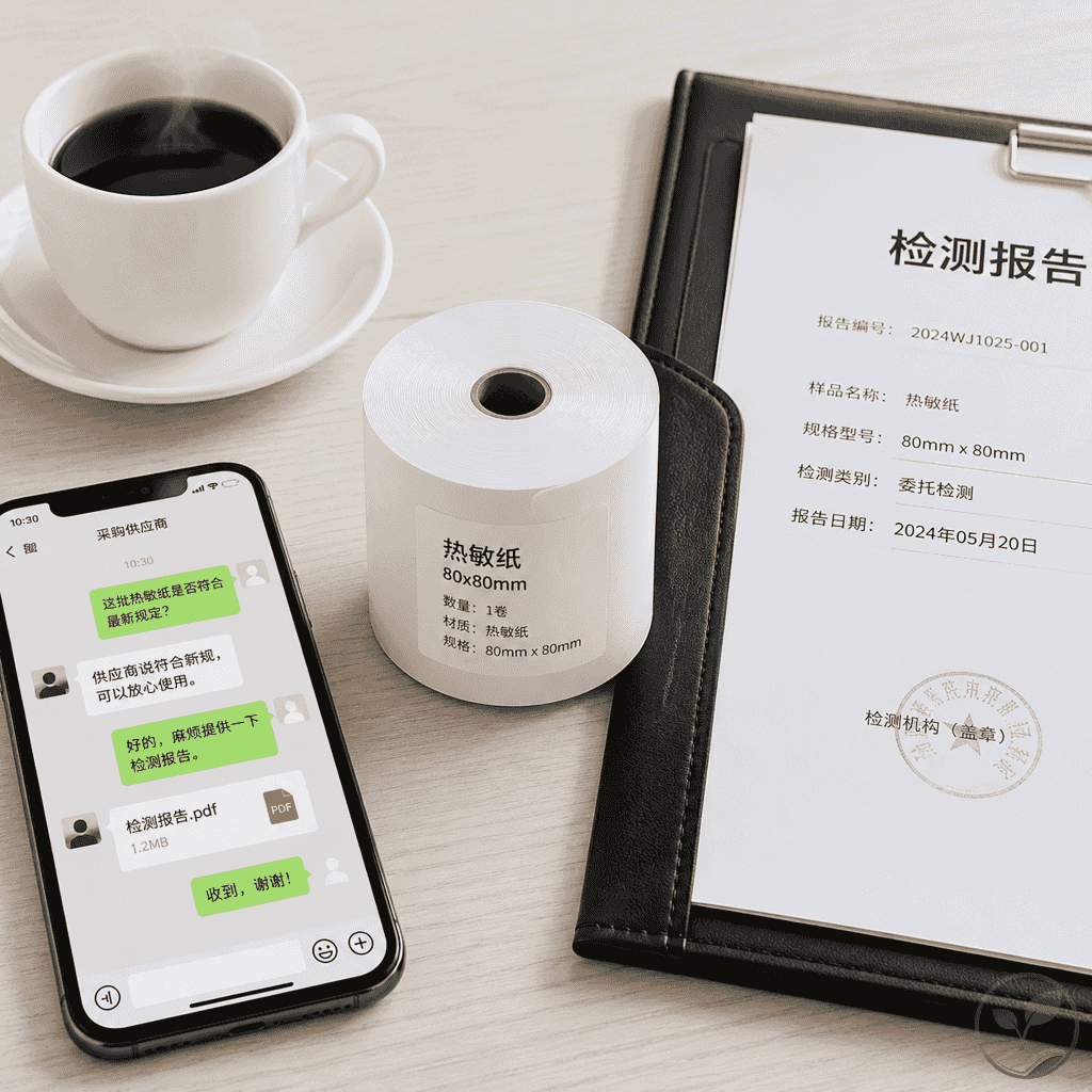 采购员办公桌上有一卷热敏纸、一份检测报告文件夹和一杯咖啡，手机屏幕显示供应商聊天记录