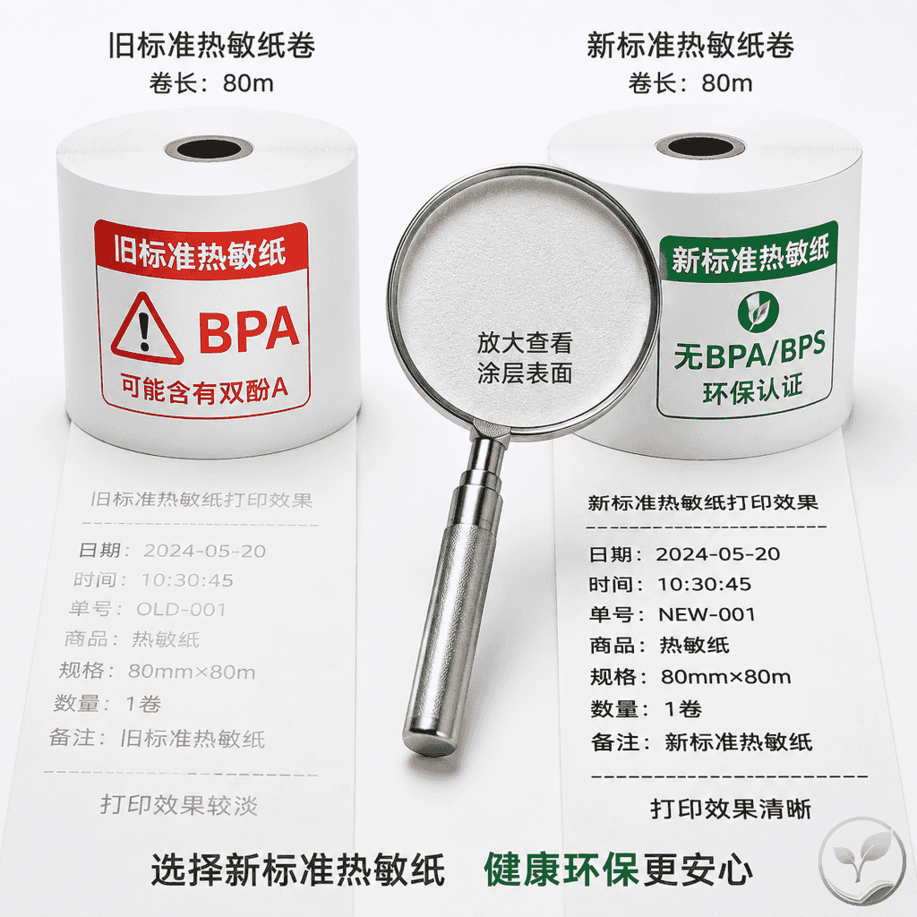 新旧两卷热敏纸并排对比，旧纸旁有BPA警示标志，新纸旁有环保认证标志和放大镜