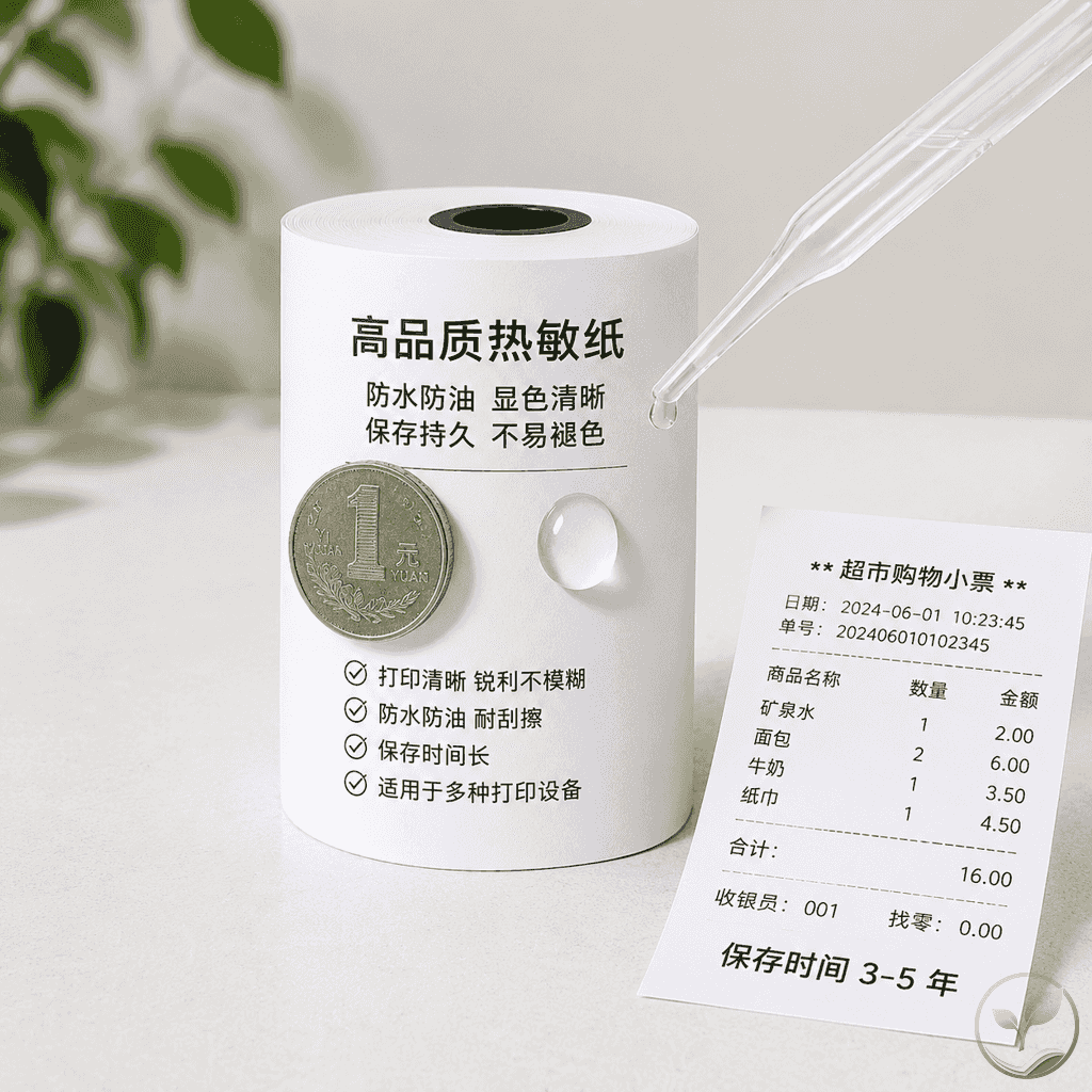 热敏纸选购测试场景,桌上有一卷热敏纸、一个滴管、一枚硬币、一张打印小票,展示显色测试与防水测试结果