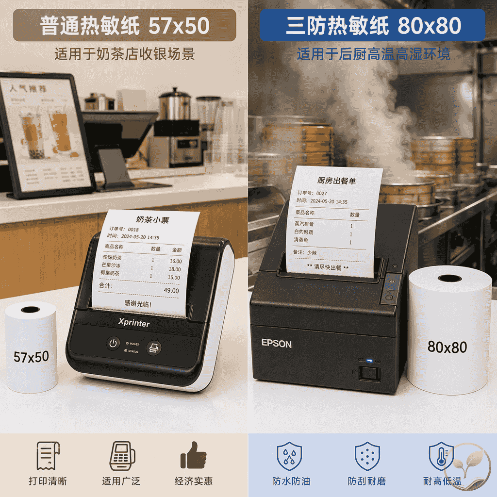两种使用场景对比,左侧是便利店收银台使用普通热敏纸打印小票,右侧是餐饮后厨使用三防热敏纸打印订单,打印机和纸卷清晰可见