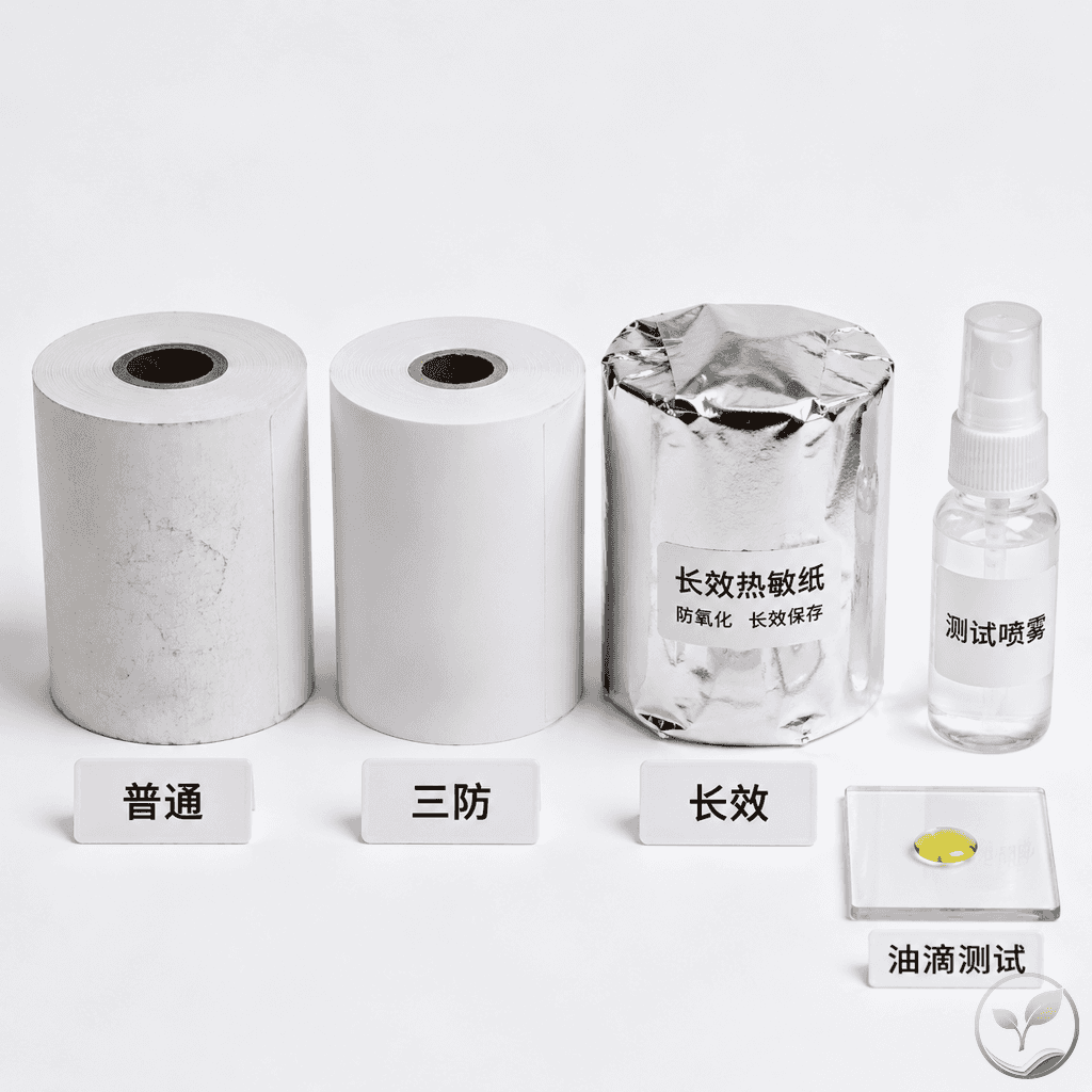 三卷热敏纸并排陈列,分别对应普通、三防、长效,旁边放有防水测试小道具