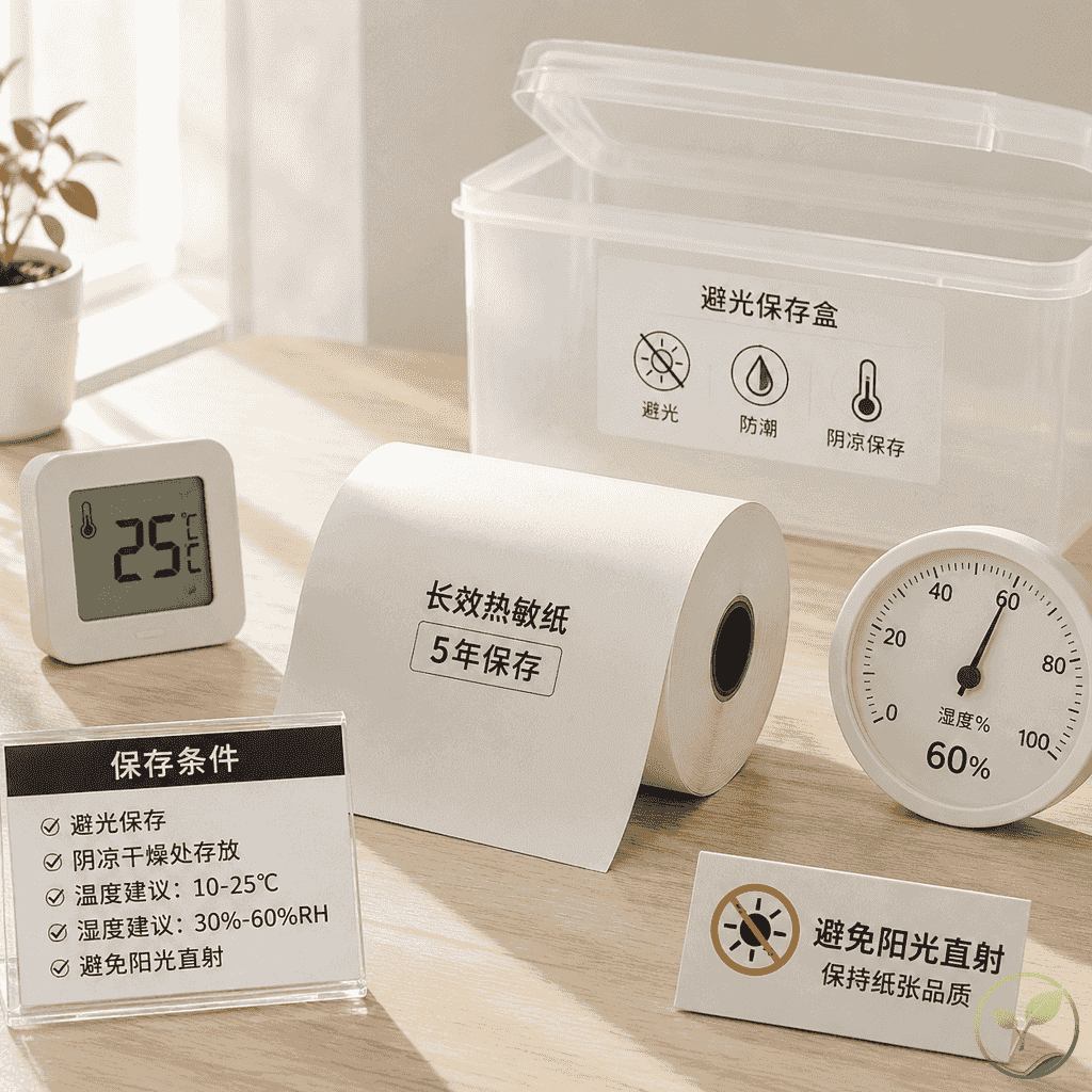 热敏纸保存环境示意，纸质温度计和湿度计旁放一卷长效热敏纸，强调避光常温储藏