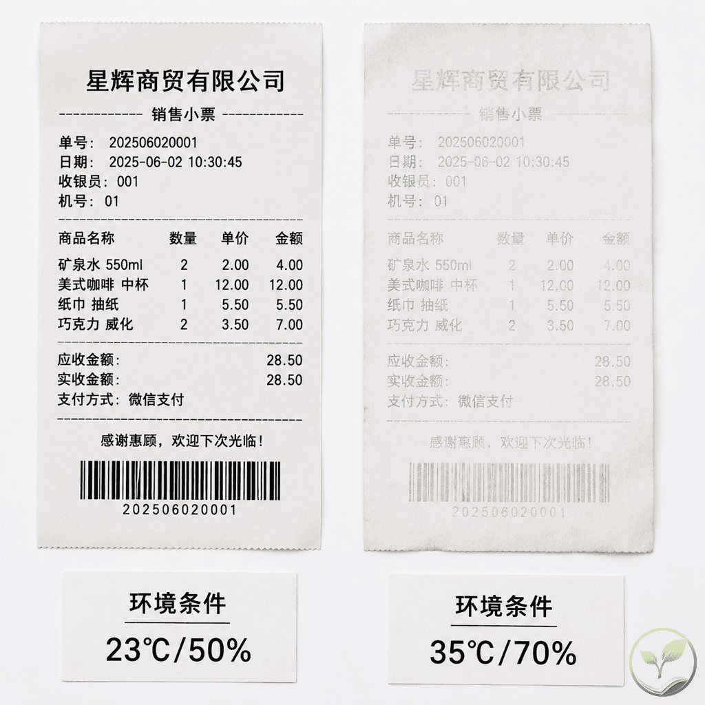 热敏纸字迹褪色的三种原因示意:光照、高温高湿、化学接触,展示受影响的纸张样本