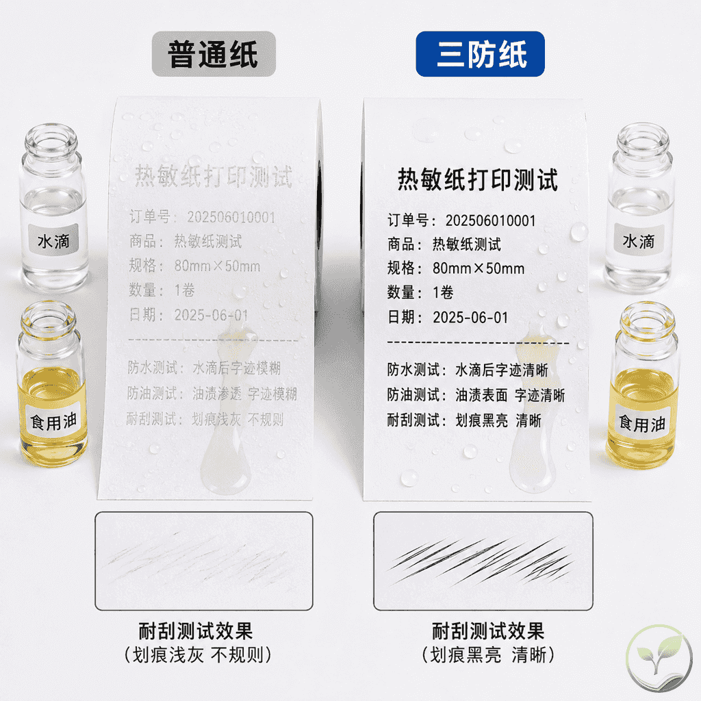 三防性能对比测试,左侧普通热敏纸滴上水后字迹模糊,右侧三防热敏纸滴水后字迹清晰,两者并排展示,白色背景,旁边放有油瓶和指甲划试痕迹对比