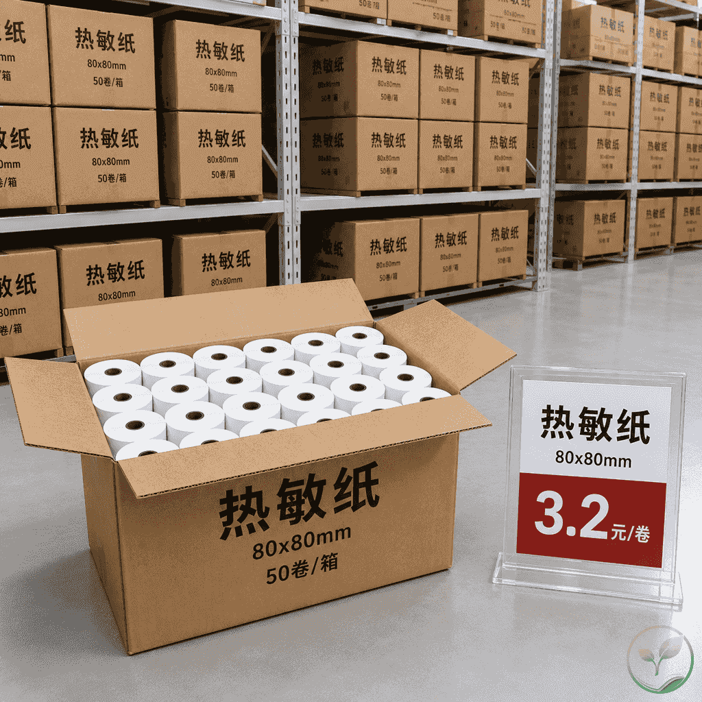 仓库内整齐堆放的纸箱，打开的一箱露出热敏纸卷，旁边标有价格标签