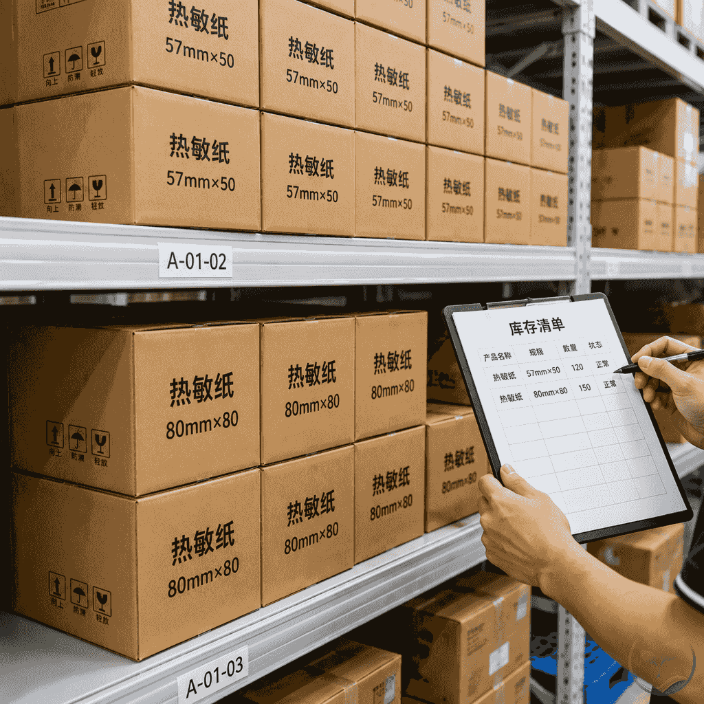 仓库货架上整齐堆放标有57mm和80mm规格的热敏纸箱,一名工作人员在核对库存清单