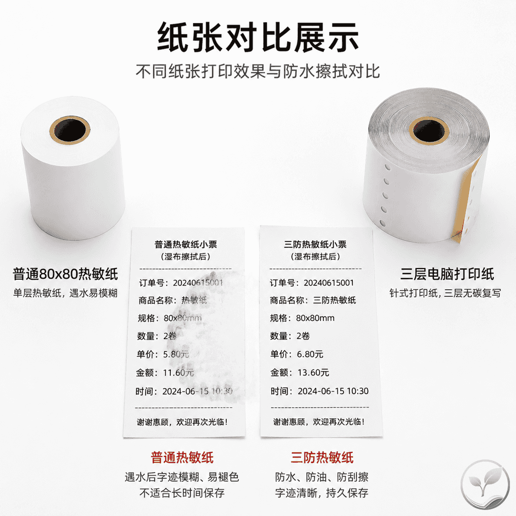 两种热敏纸对比：普通热敏纸和三层电脑打印纸并列展示，旁边有湿布测试防水效果的文字说明