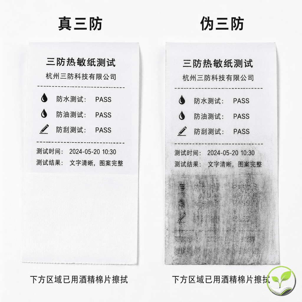 酒精棉片擦拭测试对比，左侧真三防纸图案清晰，右侧伪三防纸图案模糊变黑