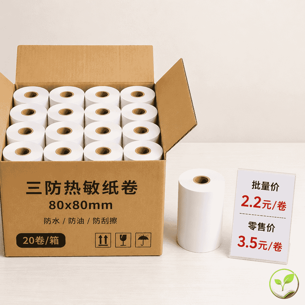 整箱三防热敏纸与单卷对比，旁边有价格标签显示批量采购单价优势