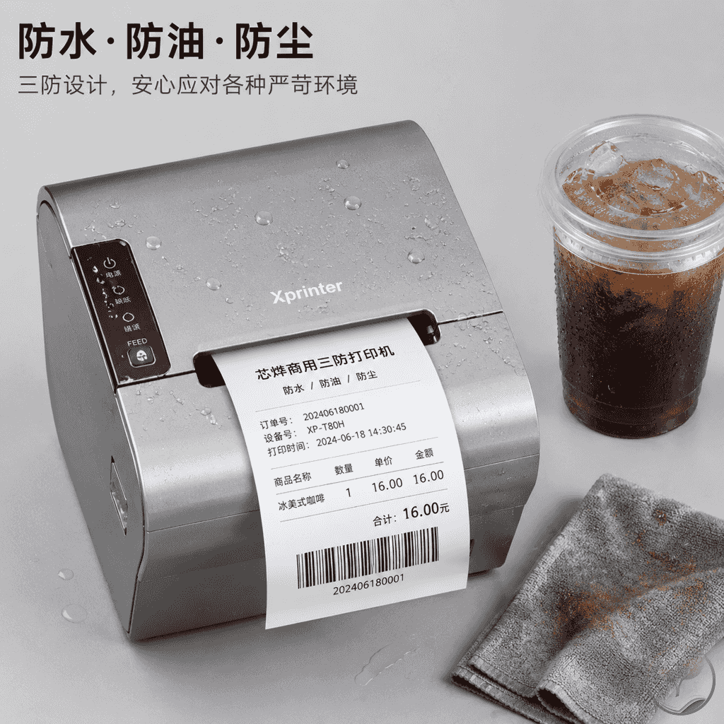 后厨场景中热敏打印机正在打印小票,小票上油污和水渍被阻挡,字迹清晰可辨