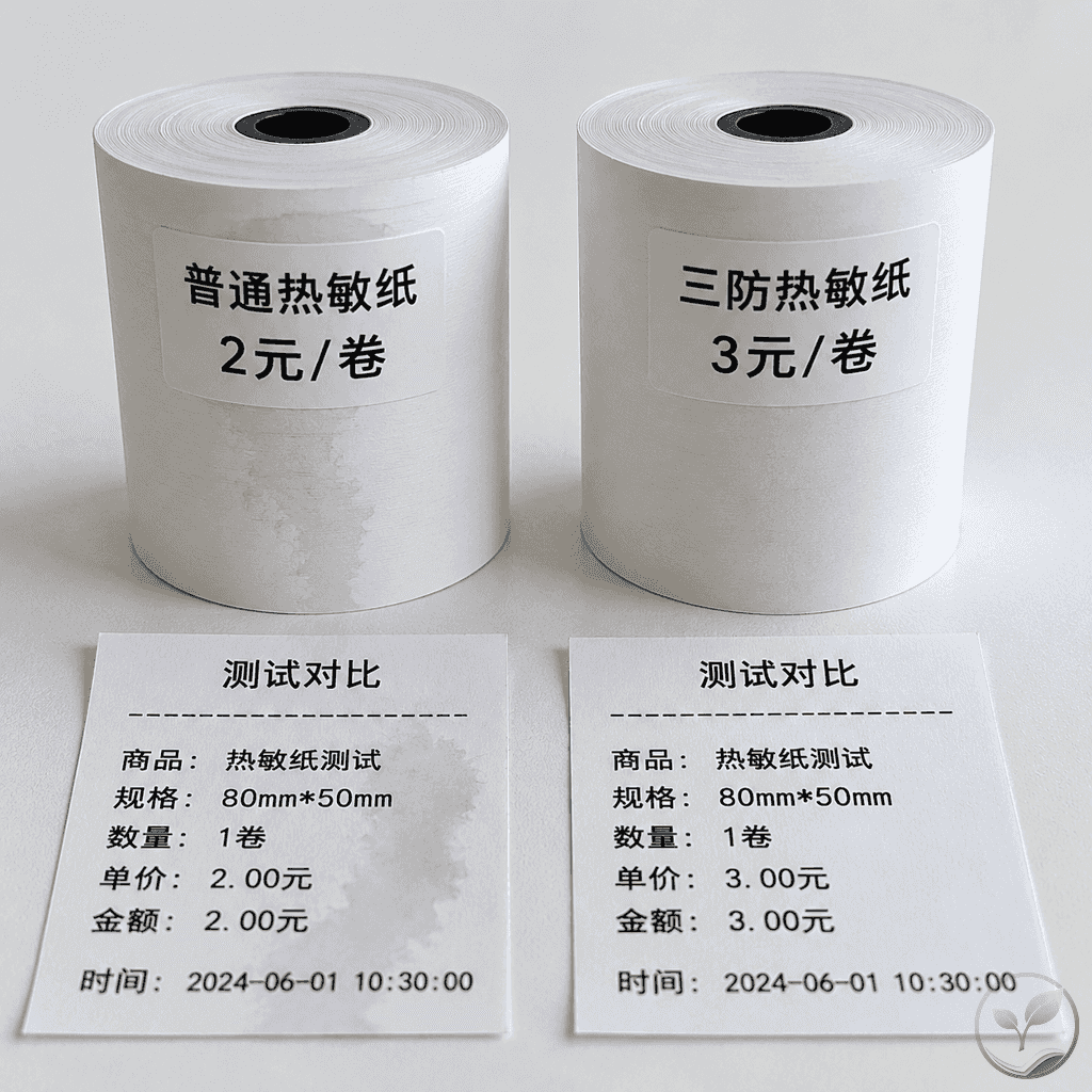 三防热敏纸与普通热敏纸的对比展示，左侧普通纸被水滴后字迹模糊，右侧三防纸保持清晰，旁边标注价格标签
