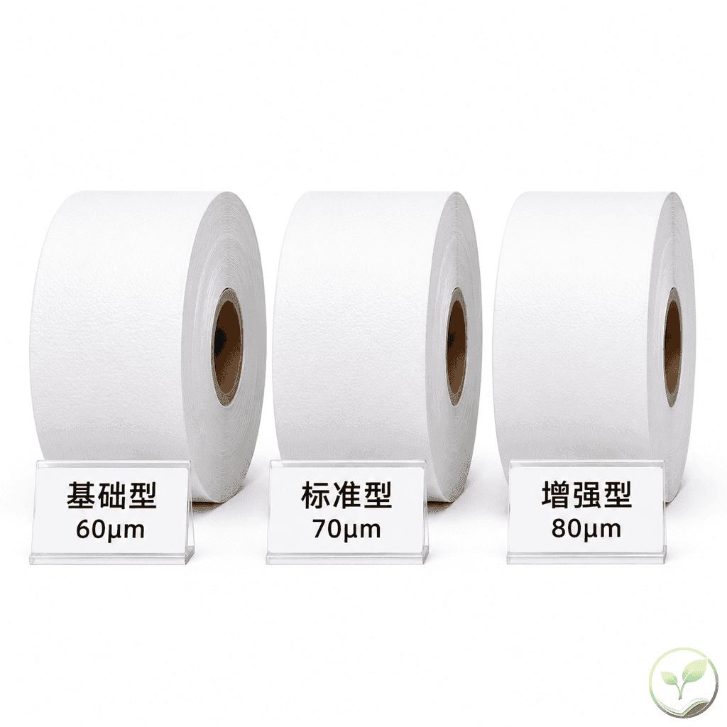 三种不同等级三防热敏纸卷并排对比,带有标签说明