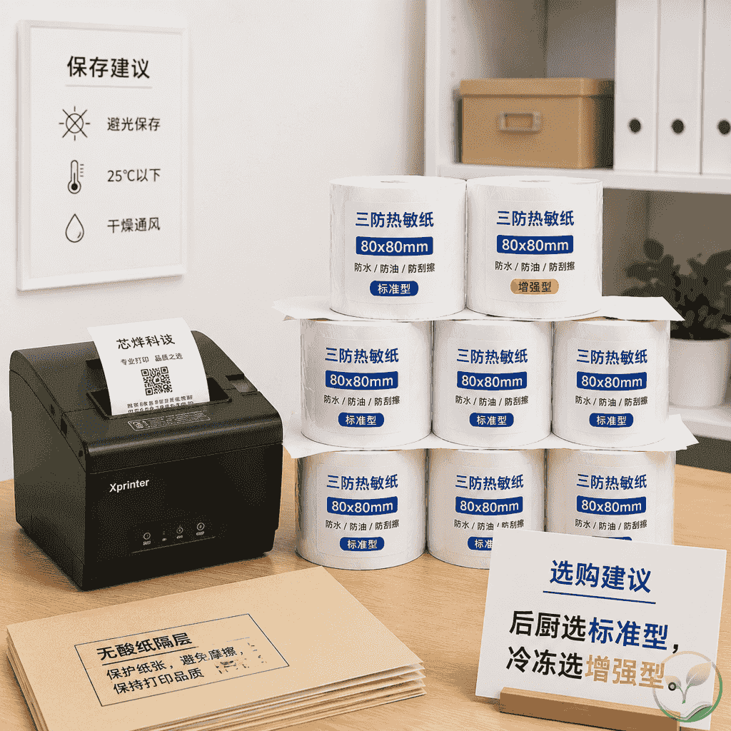 热敏纸在仓库中避光保存的场景,旁边有打印机和选购建议标签