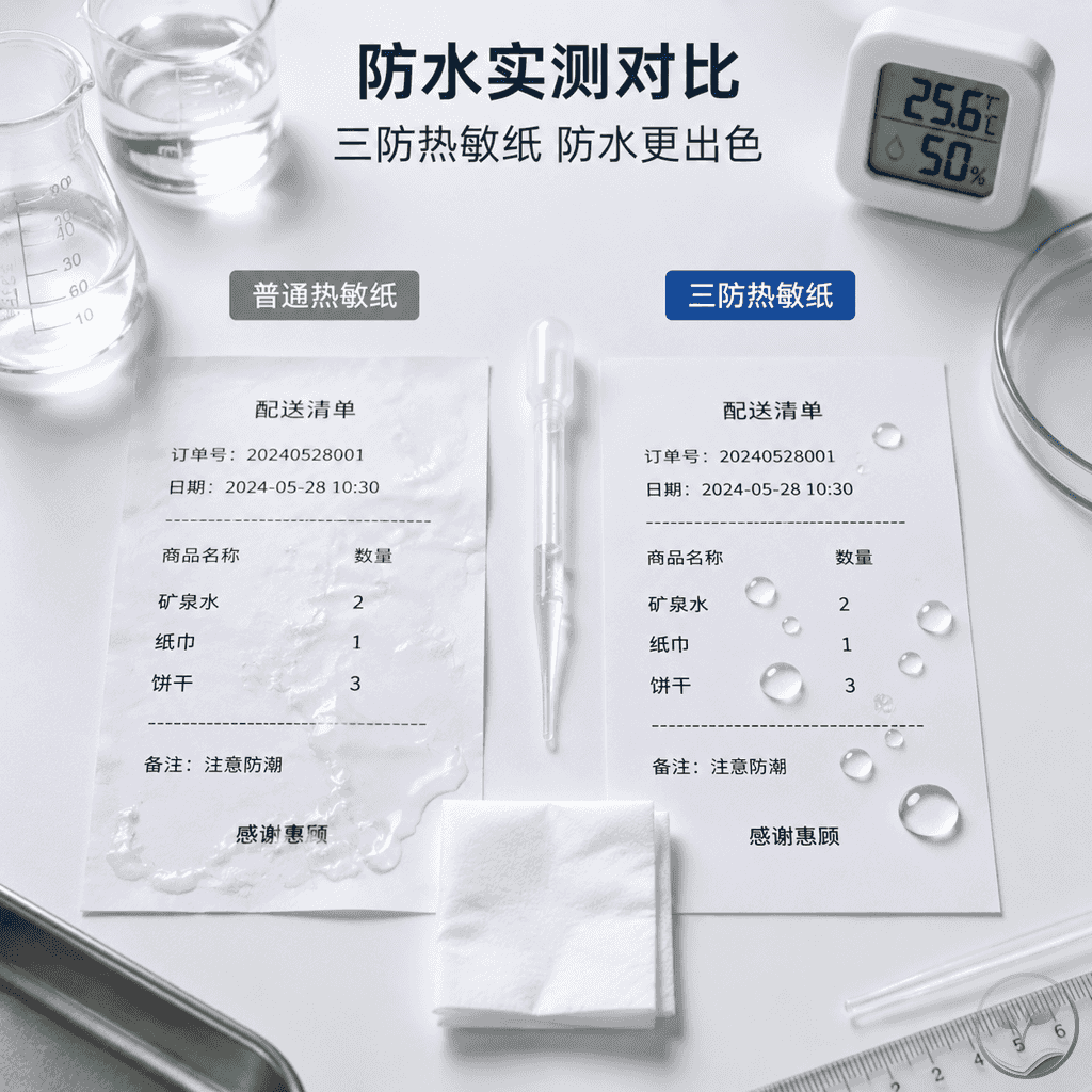 三防热敏纸与普通热敏纸的防水测试对比，水滴在两张纸上不同效果，普通纸起泡模糊，三防纸水珠滚动。