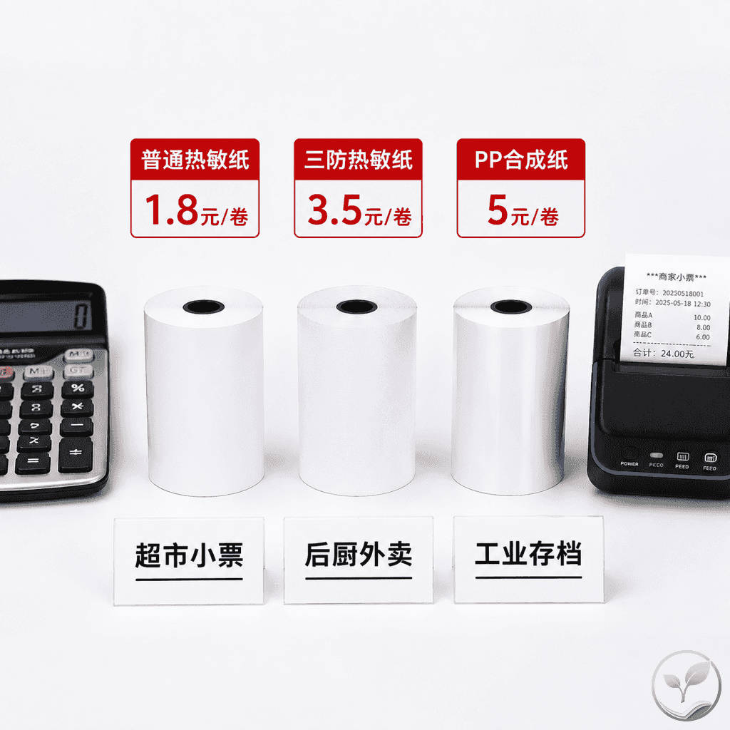 不同类型热敏纸的成本与场景适配对比图,展示普通热敏纸、三防热敏纸、PP合成纸三卷并排,下方标注适用场景图标。